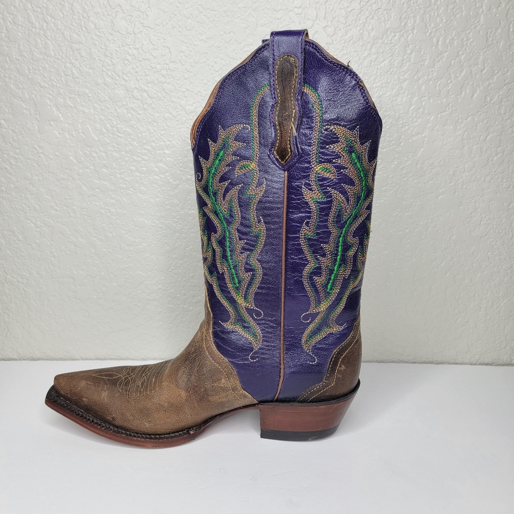 Vintage Nocona Women's Classic Brown & Purple Embroidered Leather Western Boots - Picture 7 of 12